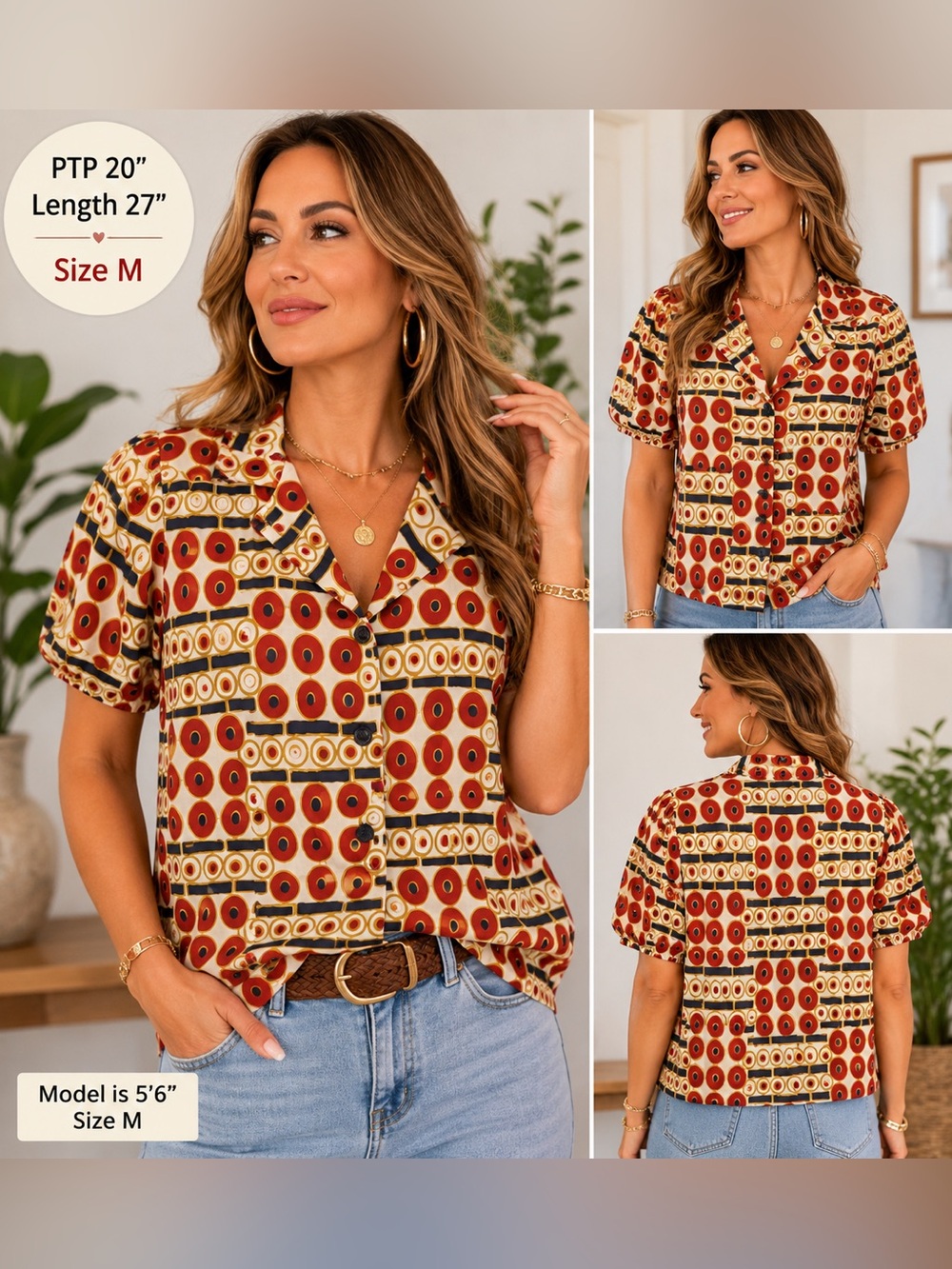 Joe Fresh Retro Geometric Button Front Blouse – Size M